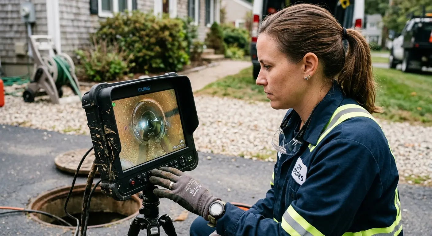 Technician reviewing sewer camera inspection footage in Black Diamond