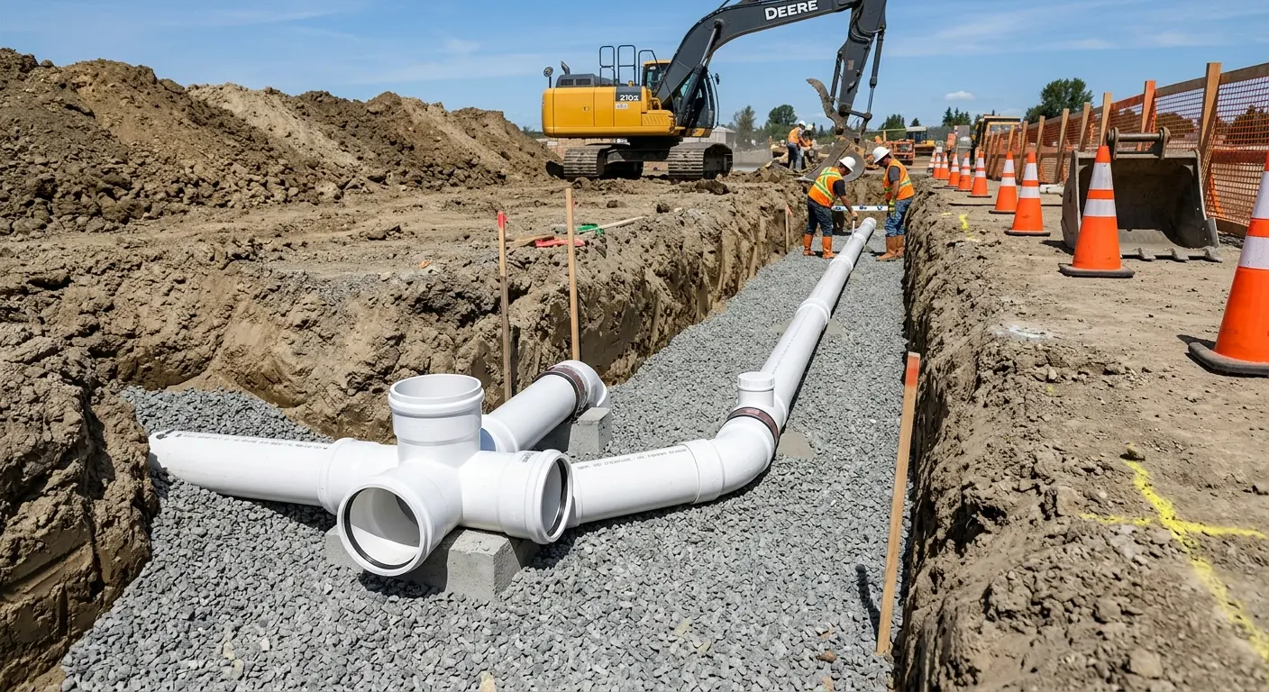 New PVC sewer pipe installation in open trench for Sewer Backup in Black Diamond