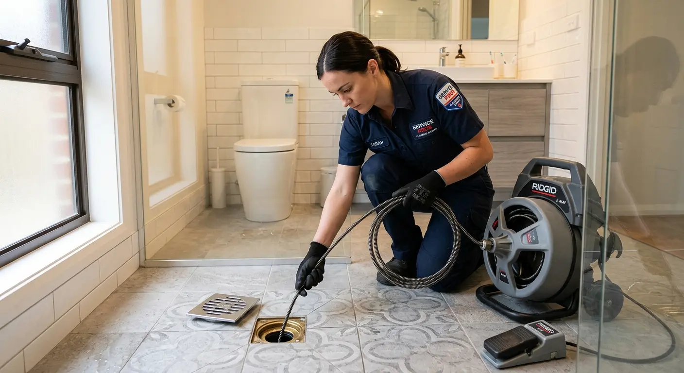Technician clearing a bathroom floor drain for Drain Cleaning in Black Diamond